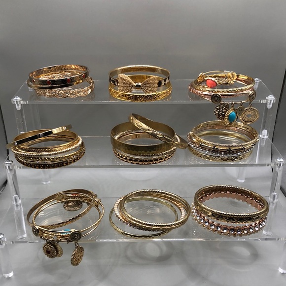 Huge lot bundle 30 gold tone style bangle bracelets, stackable layer, statement - Picture 1 of 14